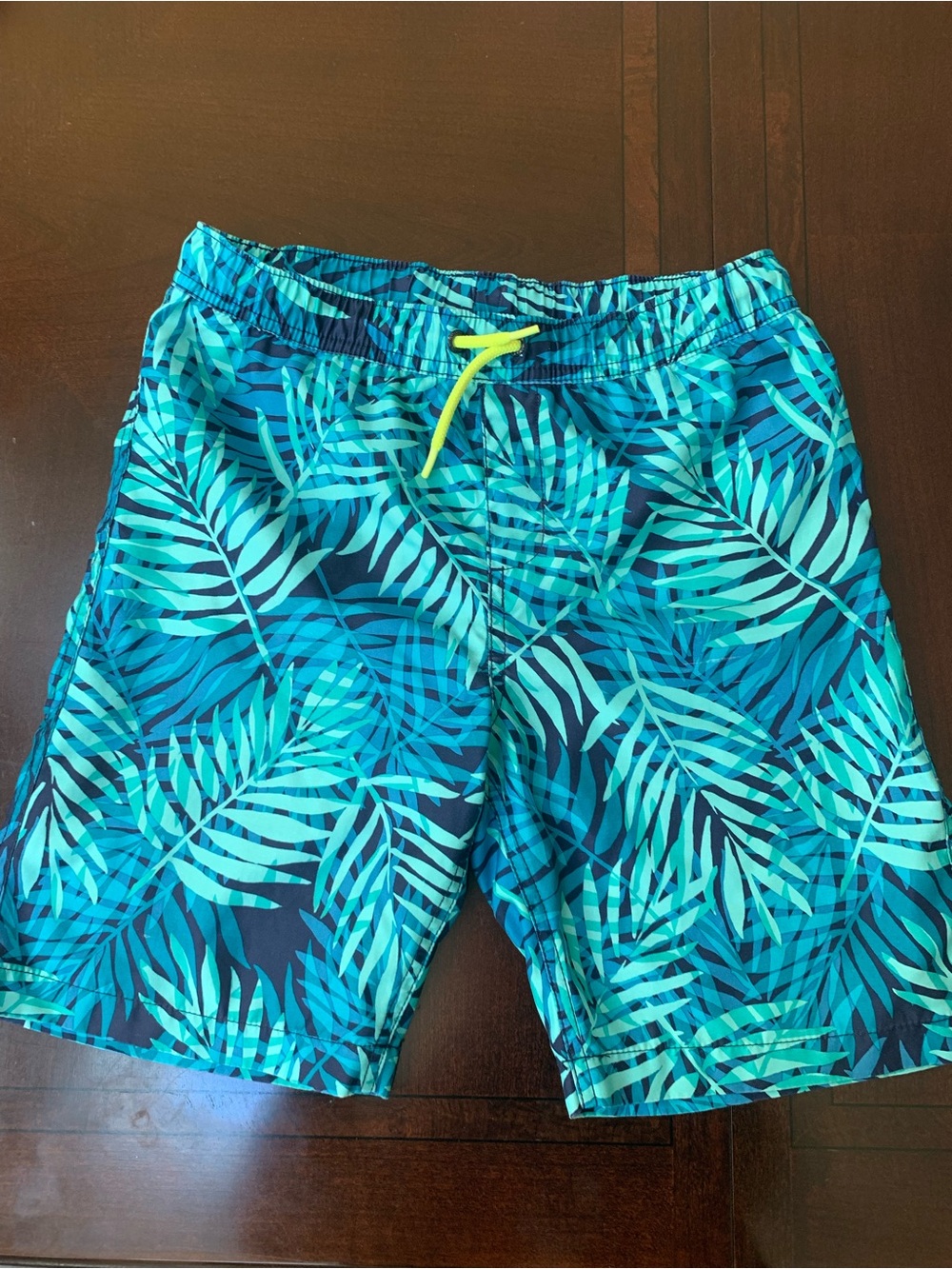 Lands' End Men's Teal Tropical Leaf Swim Trunks with Yellow Drawstring